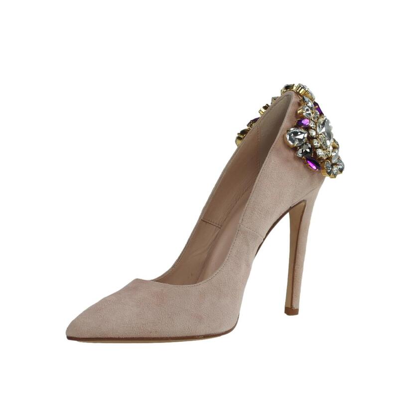 Zapatos de salón piel nude con tacón y adorno joya.t261ap - Imagen 3